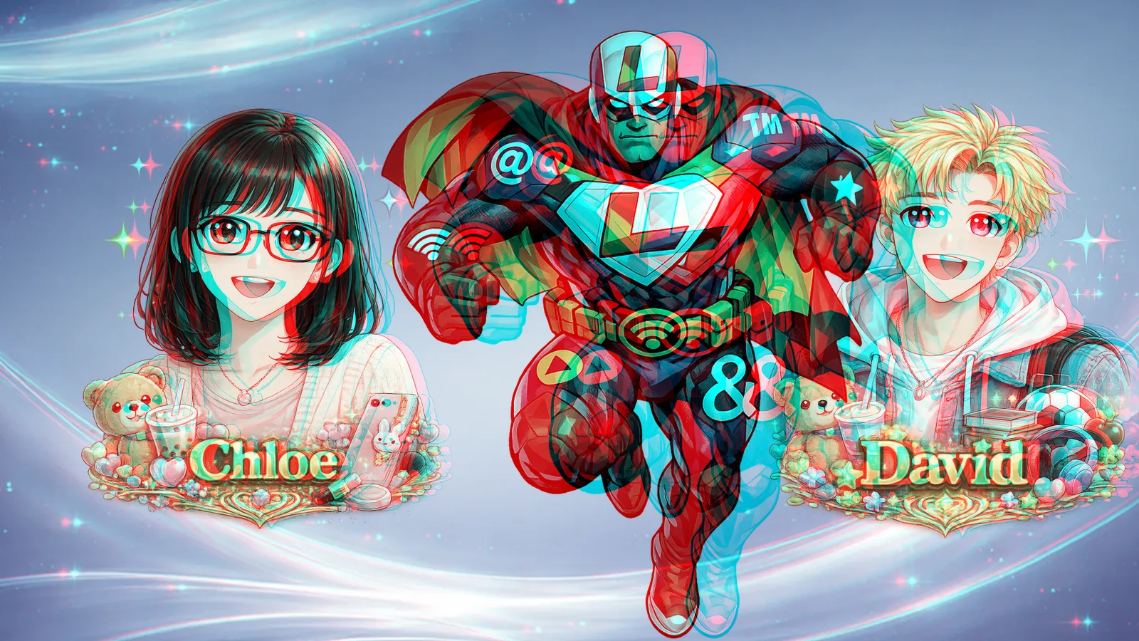 Anaglyph picture: two chibi name cards and the Looky hero floating in front of an aurora, drawn as red and cyan copies