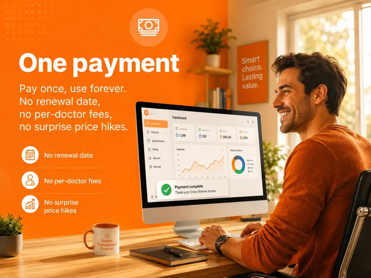 One payment — pay once, use forever. No renewal date, no per-doctor fees, no surprise price hikes.
