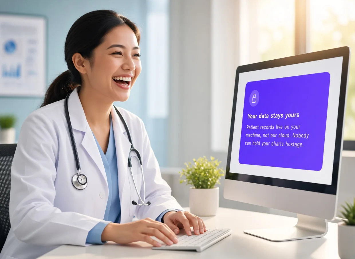 Your data stays yours — patient records live on your machine, not our cloud. Nobody can hold your charts hostage.