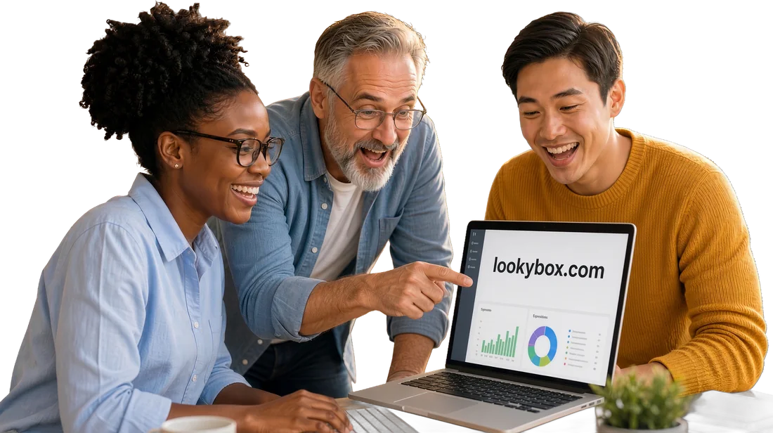 Three people smiling at lookybox.com on a laptop