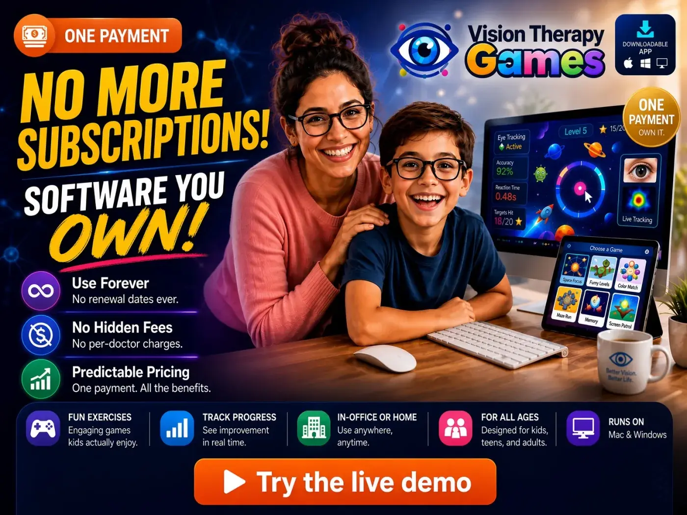 Vision Therapy Games — no more subscriptions, software you own. One payment. Try the live demo.