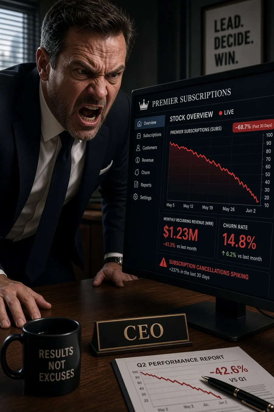 The same executive leaning over a desk, staring at a subscriptions dashboard where cancellations are spiking