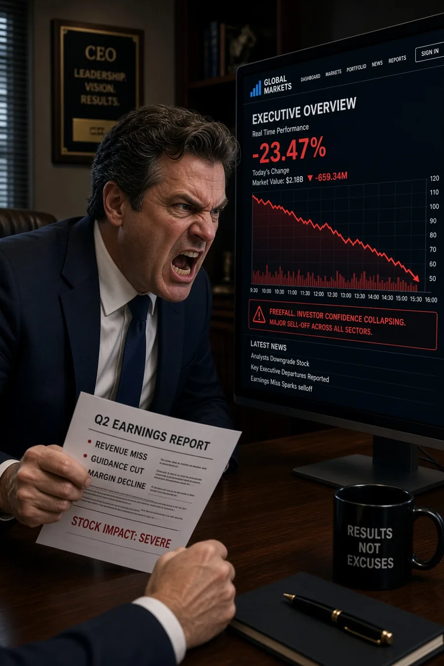 An executive shouting at a monitor that shows his stock falling 23 percent