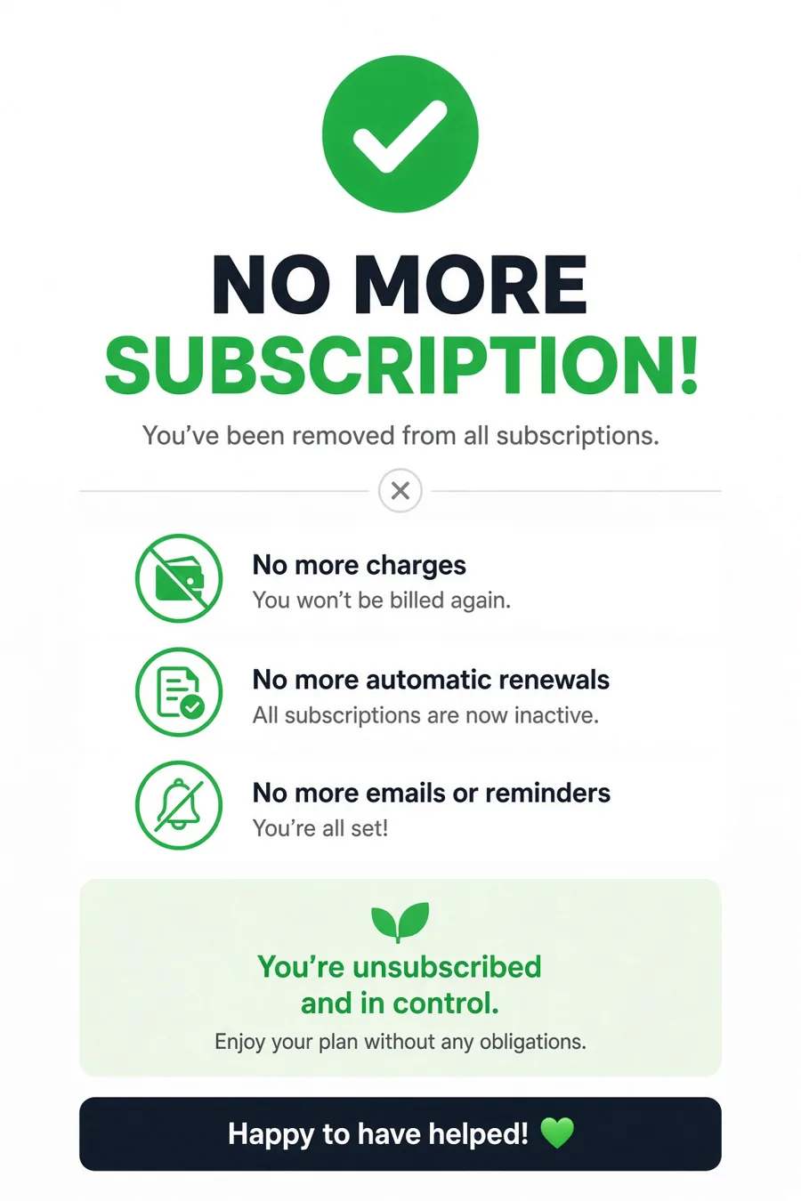 A cheerful confirmation screen: no more subscription, no more charges, no more automatic renewals, no more reminder emails
