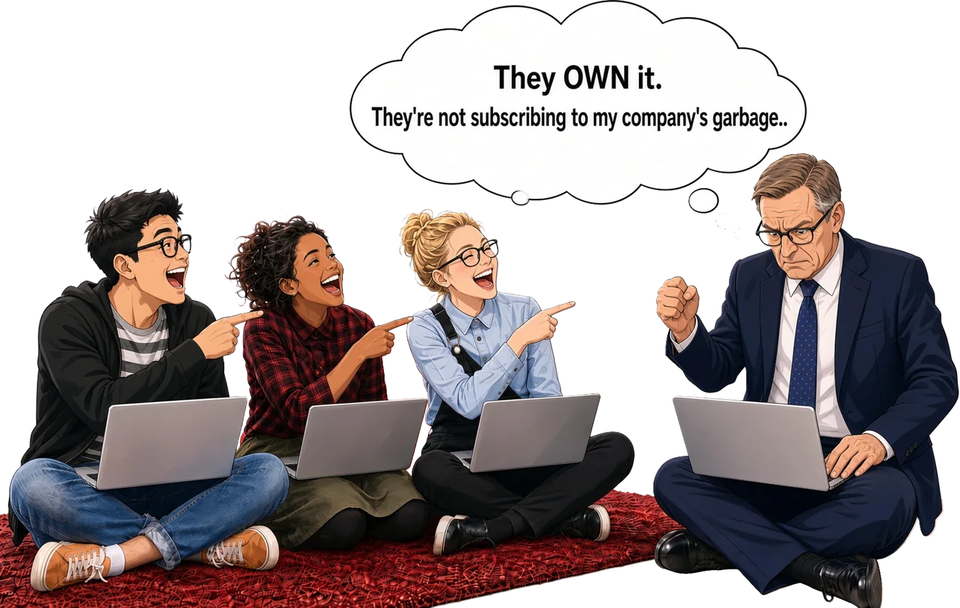 Three laughing people with laptops point at a glum executive whose thought bubble reads: They own it. They're not subscribing to my company's garbage.