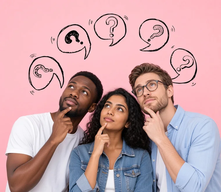 Three people thinking, with question marks above them