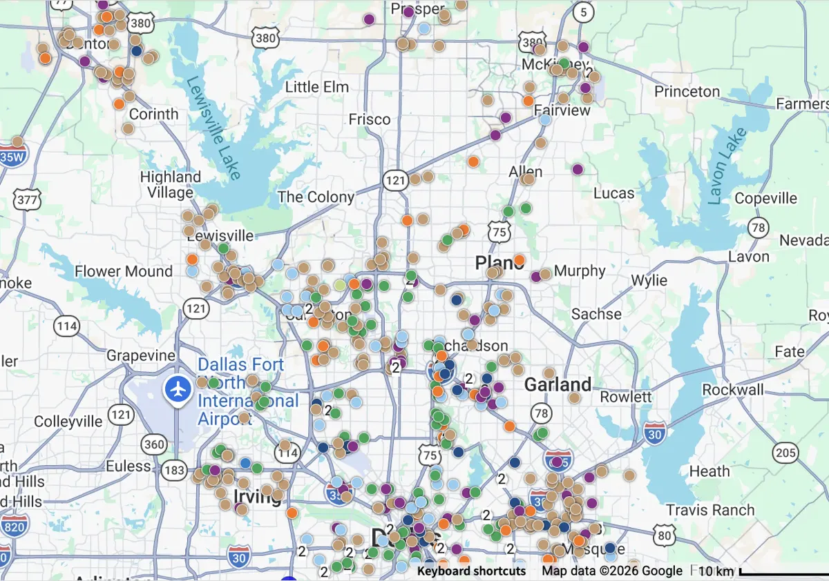 Snapshot of reported incidents across Dallas and the northern suburbs, from Denton and McKinney to Irving and Garland